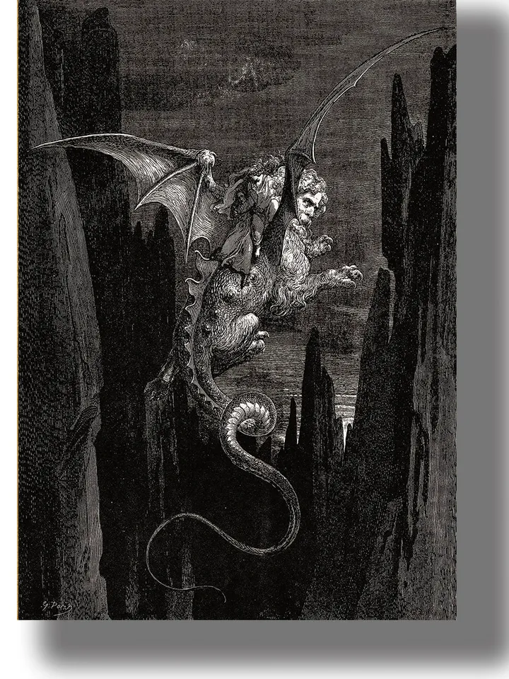 The Descent of the Abyss on Geryon's Back. Illustrations for Dante's Divine Comedy.