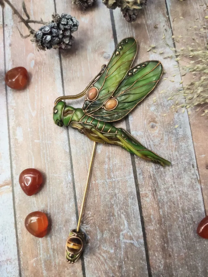 Grasshopper pin, Grasshopper brooch,Green insect pin