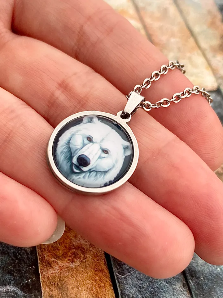 White bear head necklace, steel pendant with glass, Bear lover gift