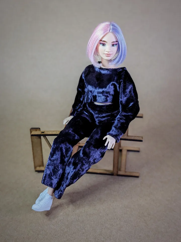 Handmade casual purple velvet two-piece set (long-sleeve and pants) for 1/6 scale fashion female dolls