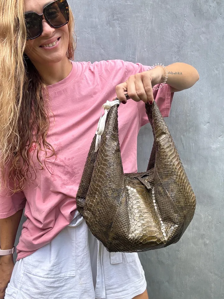 Medium Soft Hobo Classy Sport Woman Bag | Purse Genuine Python Skin | Reptile Skin Products | Cream Elegant Leather Designer Soft Bag Snake