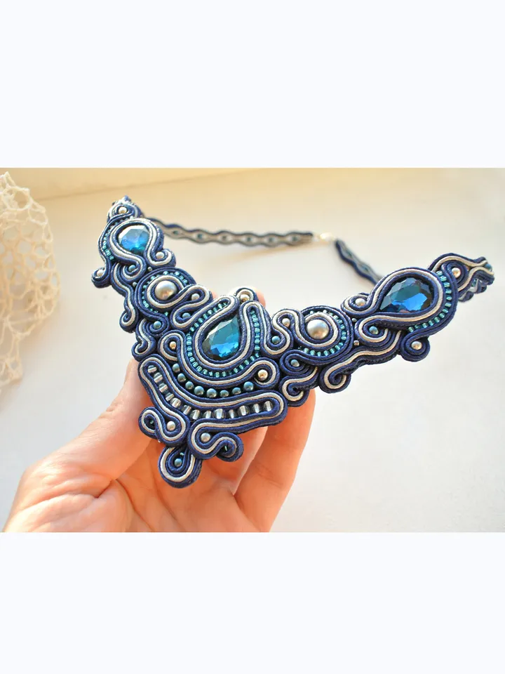 Blue statement necklace, Rhinestone necklace, Soutache embroidered bib necklace