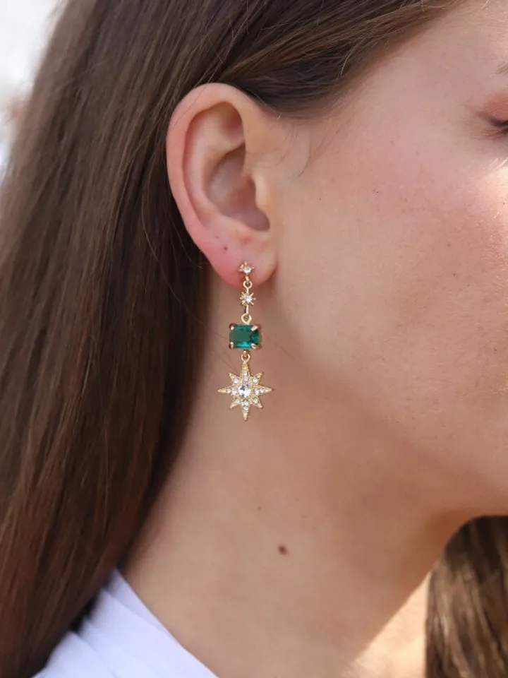 Emerald Gold Star Wedding Earrings, Moon Celestial Bridal Earrings, Boho Wedding Earrings, Statement Earrings, Wedding Jewelry
