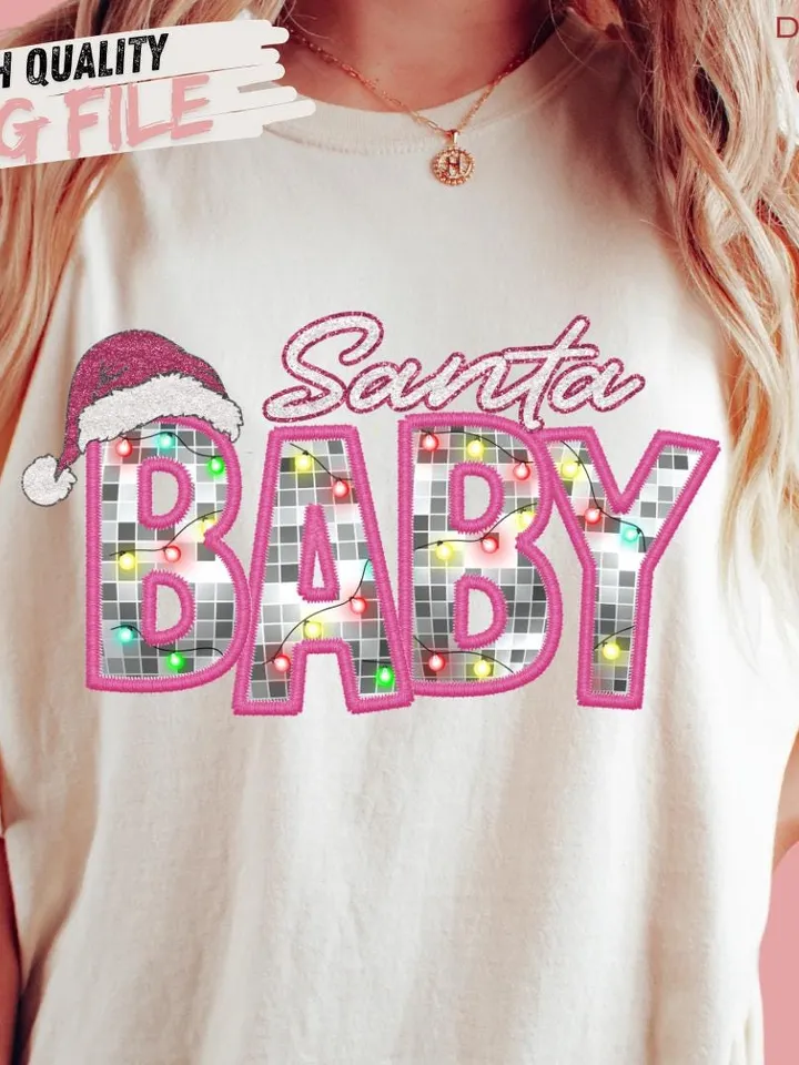 Santa Baby Png, Faux Glitter Sequins, Sparkly Christmas Png, Faux Embroidery Letters, Print File, Sublimation Design, Download ONLY