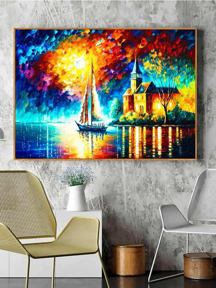 Original Colorful Lake View Oil Painting On Canvas, Abstract Boat Painting, Lakeside Buildings Art, Large Wall Art, Living room Wall Decor