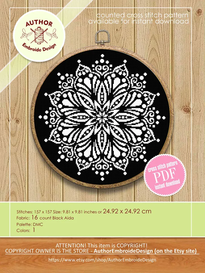 Monochrome mandala cross stitch pattern download PDF Flower mandala digital Modern beginner stitch Floral ornament cross stitch chart #M173