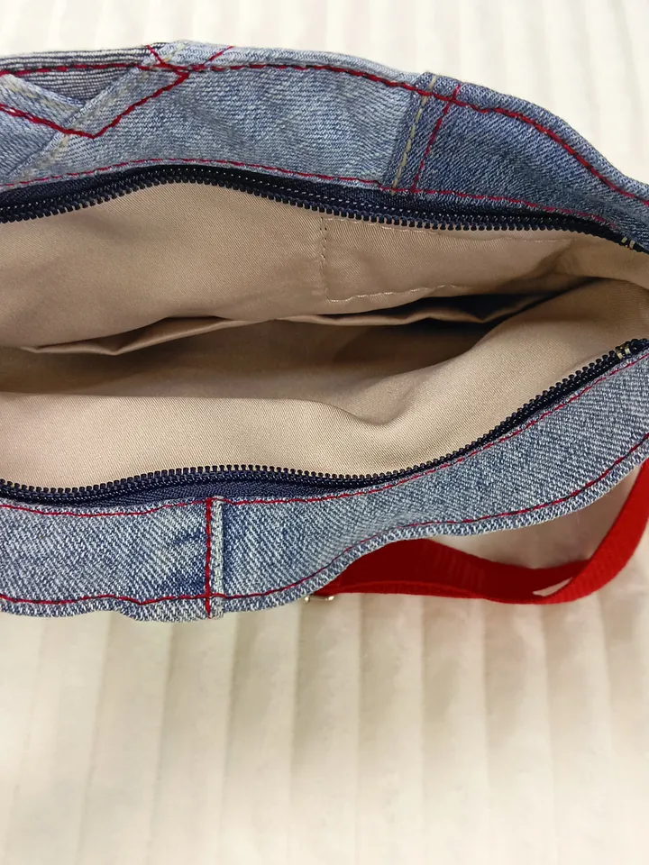 Small denim crossbody or shoulder bag, handmade in crazy patchwork style from environmentally friendly jeans material