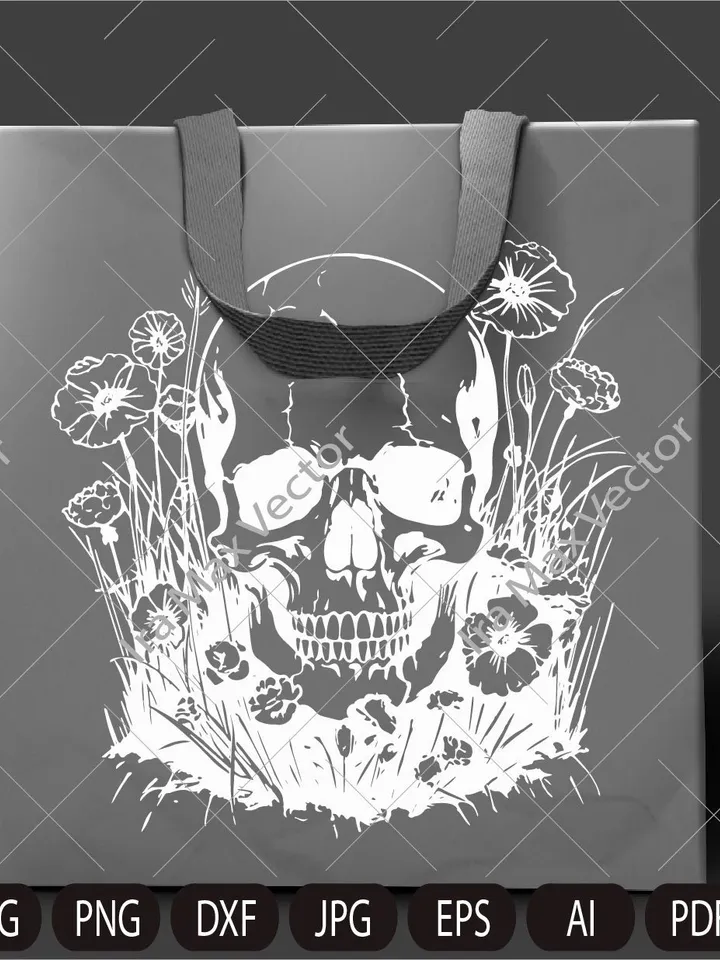 Skull svg file, Skull in the grass svg, Skull cut file,  Skull in the field , Day of death , skull png , halloween, gothic, goth