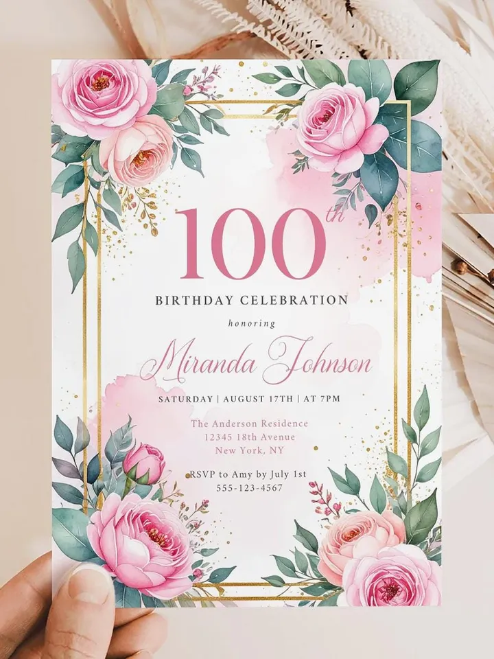 100th Birthday Invitation for Women – Pastel Dusty Pink Floral & Gold, Elegant Printable Party Invite for Grandma or Mom, Canva Template