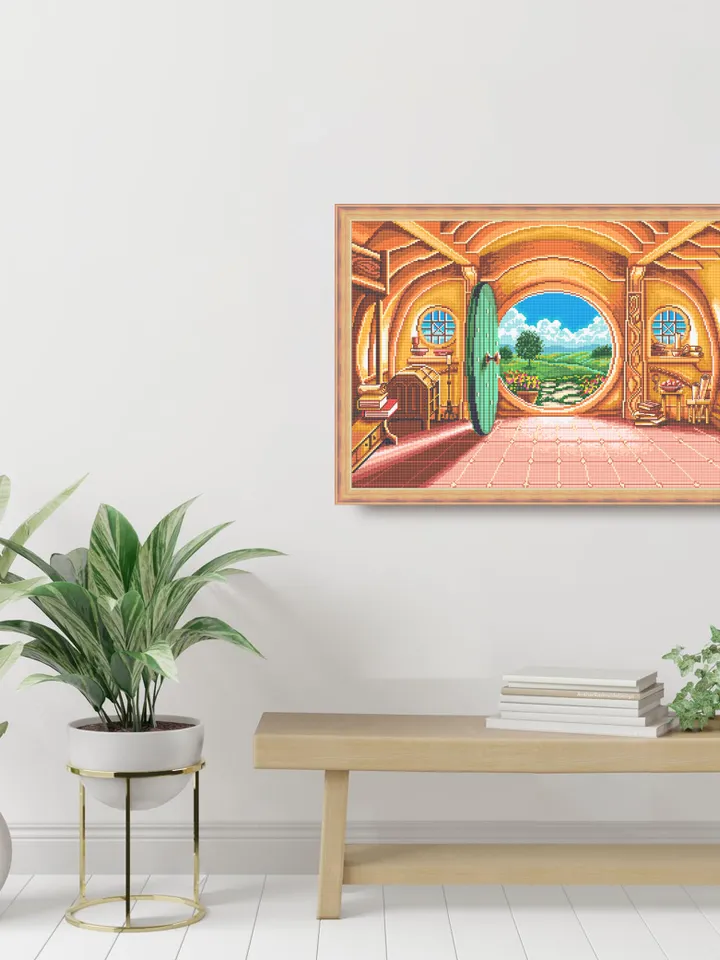 Fairy hobbit house round door cross stitch pattern download PDF Home sweet hole Green door stitch counted Wizarding world cross stitch chart Home decor #L34
