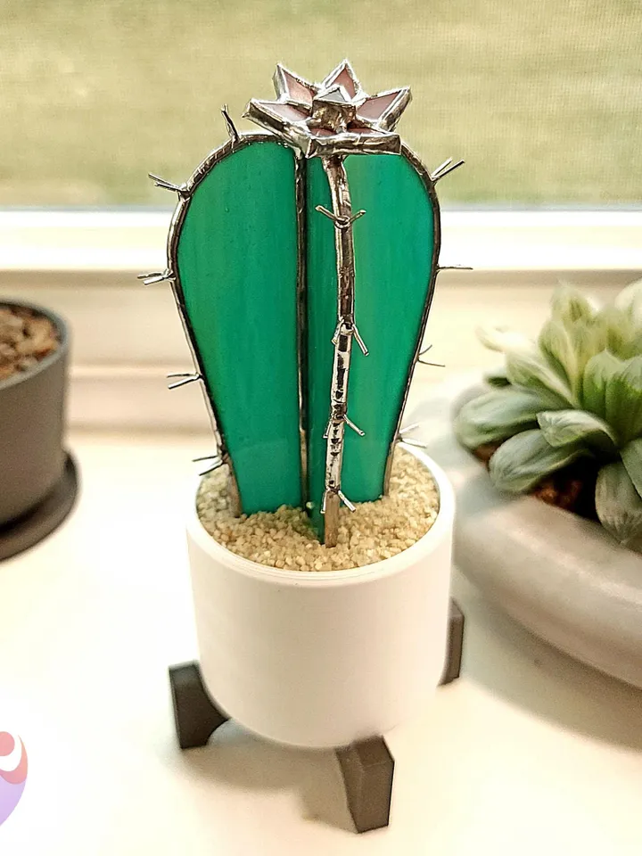 Small Stained Glass Torch Cactus with Mini Pink Flower Suncatcher in Cute Pot for Windowsill Decor Perfect No Kill Gift for Succulent Lover