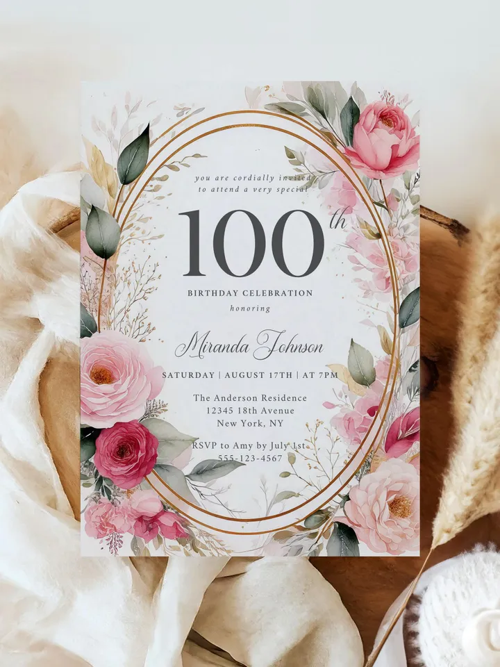 100th Birthday Invitation for Women – Blush Pink & Gold Floral, Elegant Printable Party Invite for Grandma or Mom, Digital Canva Template