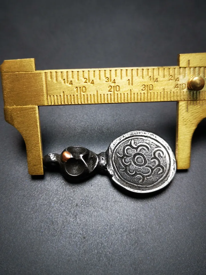 Gandhanra Handmade Buddhist Amulet,Skull Sītavana and Flame Pendant,Cold Iron inlaid Copper