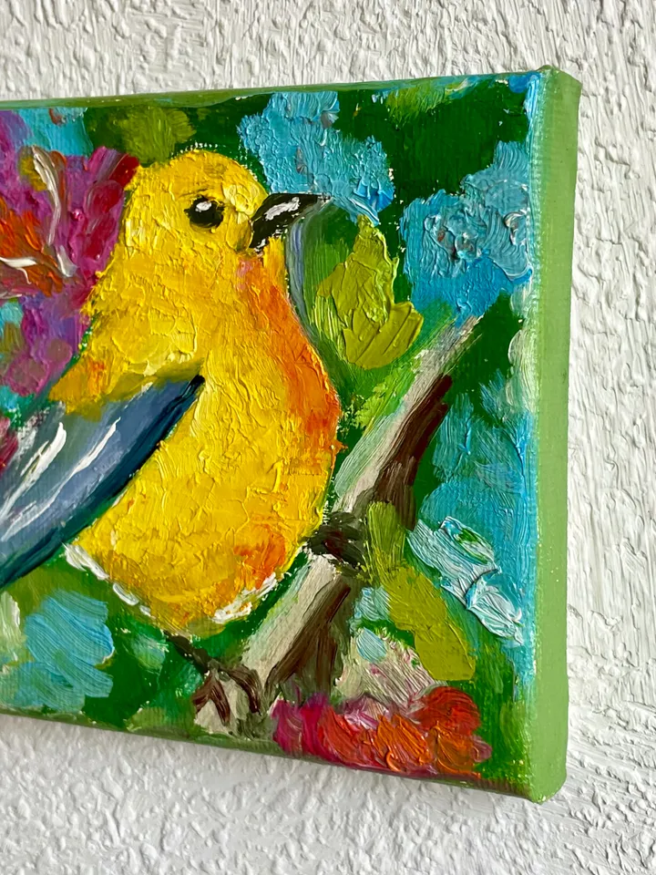 Yellow Wabler Painting, Bird Original oil Painting on Canvas, Wildlife Art, Miniature Artwork 4"x 4"