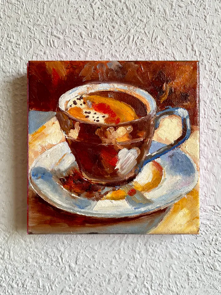 Coffee Cup Oil Painting, Small Original Kitchen Wall Decor, Bar Cart Decor 6"x6"