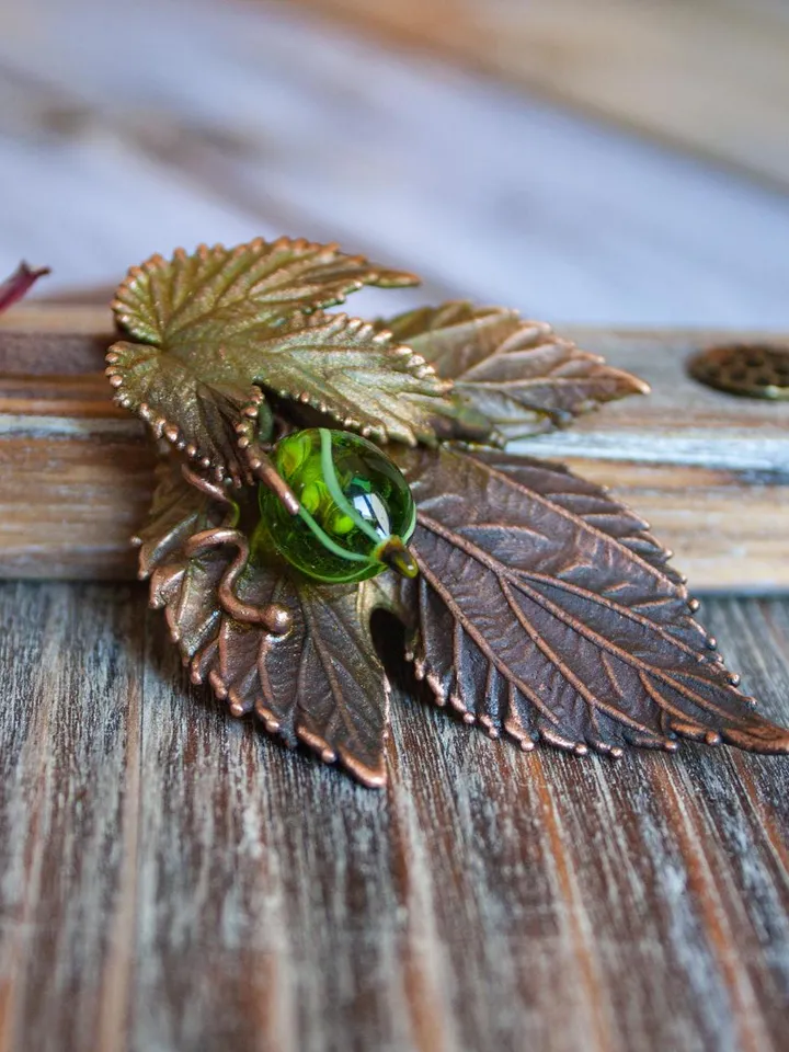 Unique handmade copper pendant made of nature leaves in a single copy, original gift