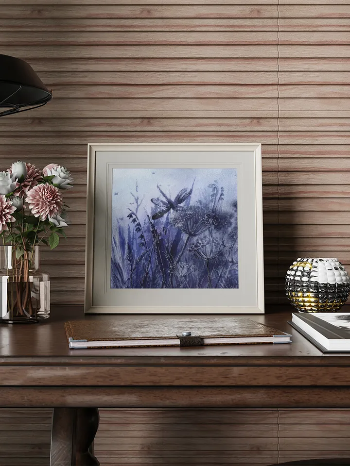 Watercolor landscape with wildflowers and dragonfly Watercolor digital file JPEG Poster for print