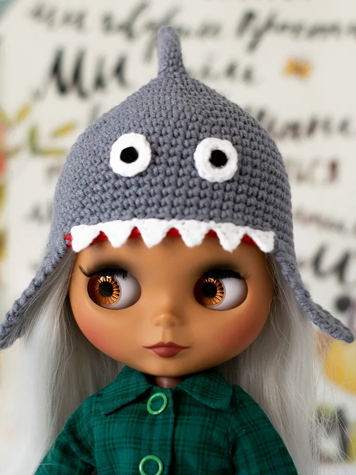 Shark hat for Blythe doll, Pullip doll, Icy doll, animals hat with ears for Halloween, crochet accessories for dolls