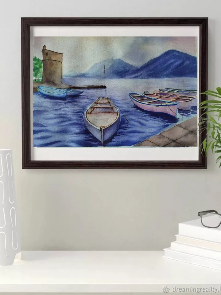 Original Watercolor Painting Water Landscape Art Boats on the Sea Artwork Boats Picture 30x40 cm by SoftWaves
