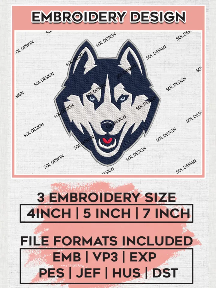 UConn Huskies Logo Machine Embroidery Design, NCAA UConn Huskies Embroidery Design Design files, NCAA Embroidery Designs, NCAA Machine Embroidery Designs, Digital Download