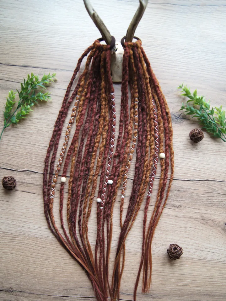 Red dreadlock extensions on hair tie 2 Ponytail synthetic dreads bronze red auburn bohemian boho style Wig Hair Falls cosplay