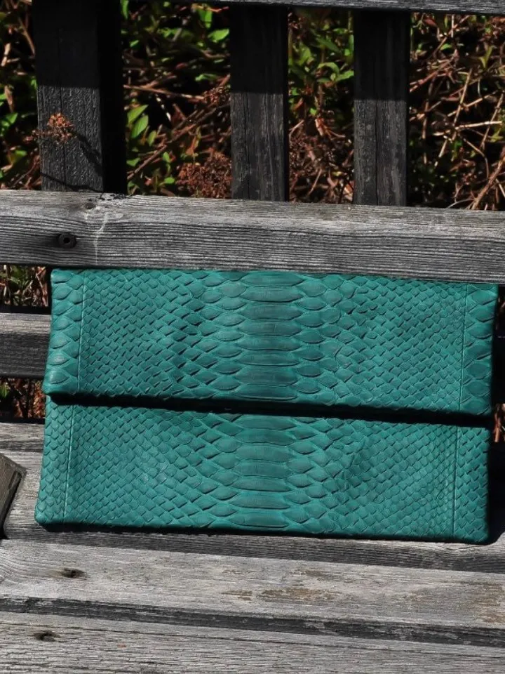 Genuine Python Skin Dark Green Envelope Clutch | Classy Elegant Leather Bag | Exotic skin Bag | Green Women Purse | Snake print flat bag
