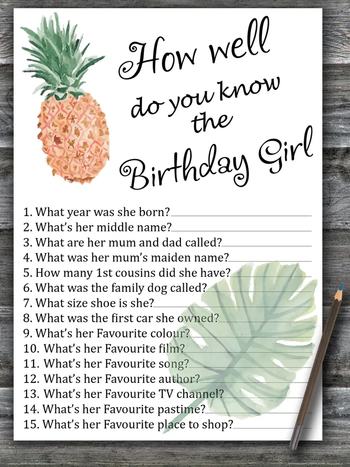 Pineapple How well do you know the birthday girl,Adult Birthday party game printable-fun games for her-Instant download