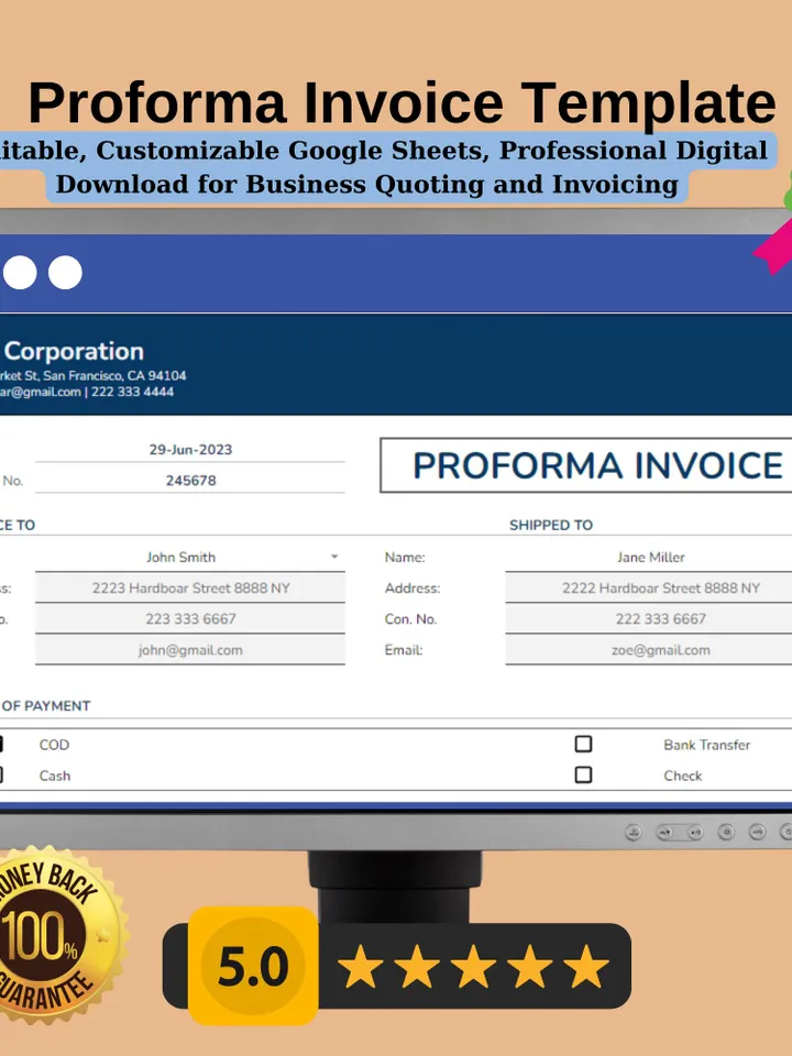 Proforma Invoice Template | Editable, Customizable Google Sheets, Professional Digital Download for Business Quoting and Invoicing