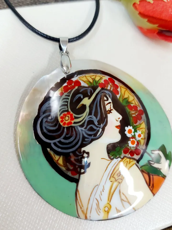 Pearl pendant Necklace: Primrose by Alphonse Mucha painted on mother-of-pearl pendant. Outstanding necklace for Aesthetic girl. Gift for her