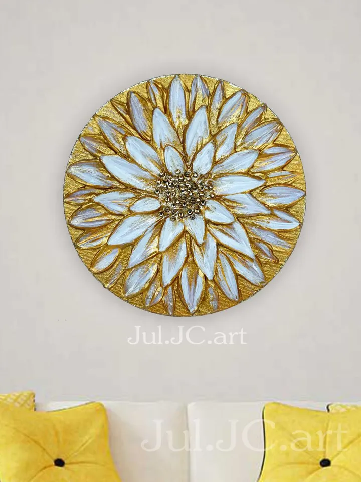 Golden Daisy art Floral Abstract Original Painting Textured artwork on a round canvas | Gold Flower wall art with gold crystals