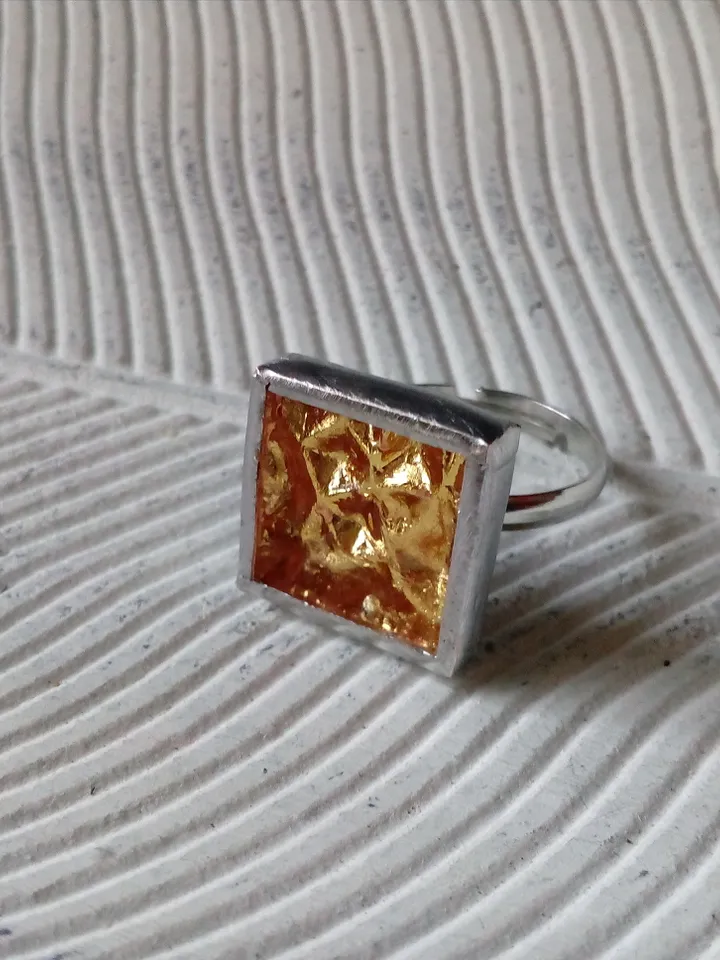 Glass ring, square glass, simple stained glass, tin soldered ring, stained glass ring, sparkling ring, shiny ring