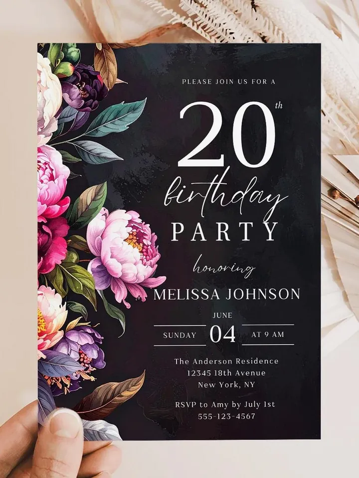 20th Birthday Invitation for women or men – Moody Burgundy & Blush Peony Floral Invitation Elegant Dark Birthday Party Invite Canva Template