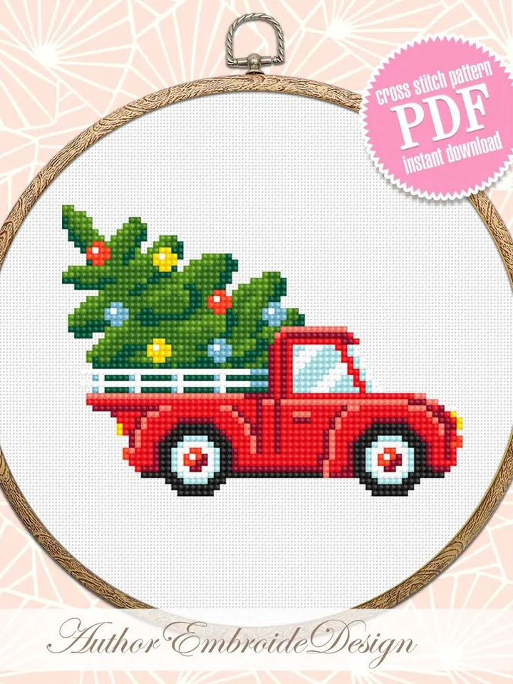 Christmas red truck cross stitch pattern PDF download Small Christmas cross stitch chart, Christmas digital pattern PDF for beginner #N142