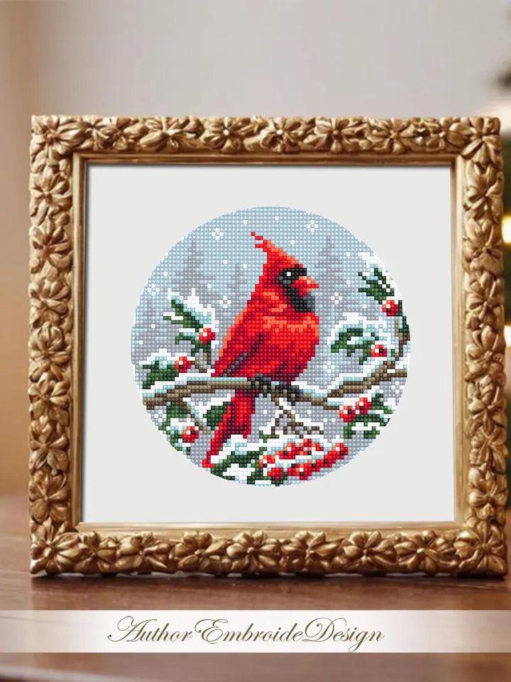 Christmas cardinal cross stitch pattern PDF download Red bird cross stitch chart, Christmas pattern digital PDF, Cardinal embroidery #N161