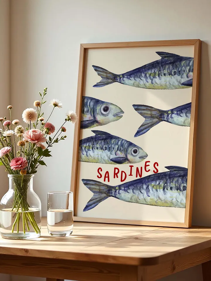 Sardine Wall Art, Sardines Tin Fish Poster, Colorful Kitchen Print, Maximalist Home Decor, Vintage Style Digital Artwork, Retro Sardine Art