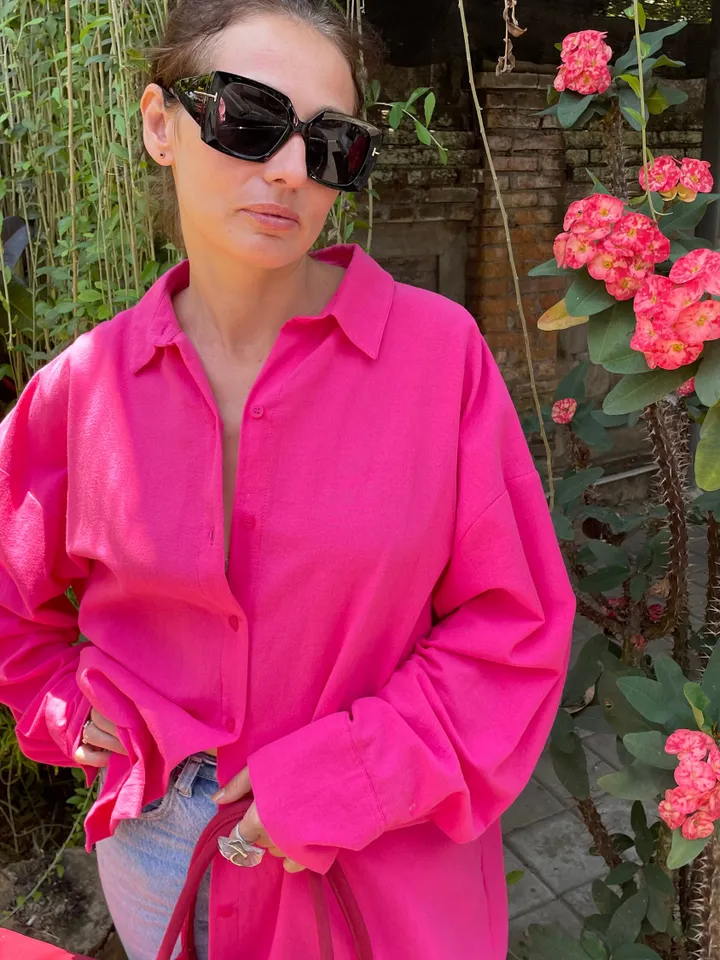Pure linen oversize fuschia shirt / soft linen summer bikini cover up  maldi shirt / classy shirt comfy resort wear  / comfy women wear