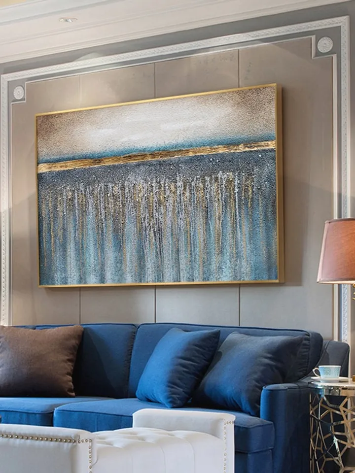 Hand-Painted Blue & Gold Oil Painting On Canvas Gold Foil Painting Flowing Painting Large Oil Painting Abstract Wall Art Spring Wall Decor