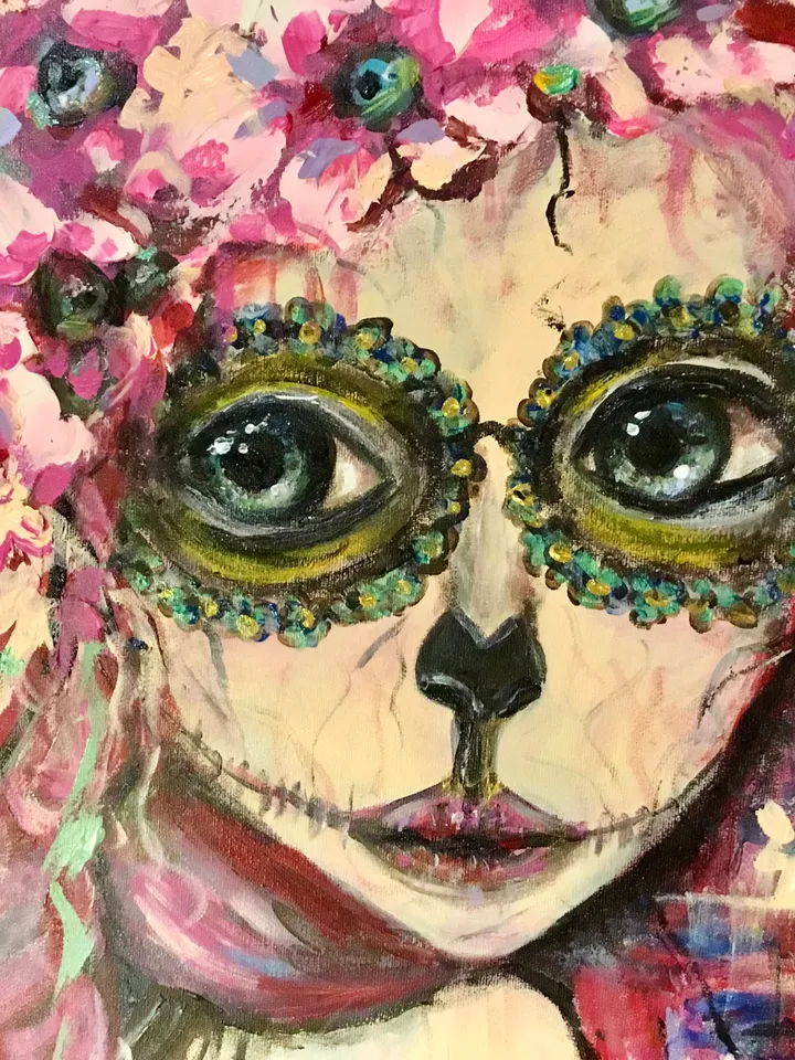 Santa muerte painting,original acrylic painting on stretched canvas,one of a kind,Halloween decoration,fantasy woman in flowers portrait.