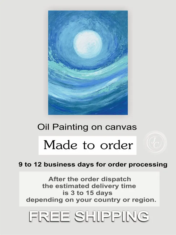 Moon Painting Blue Turquoise Abstract Wall Art on Canvas | Abstract Mountain landscape oil painting
