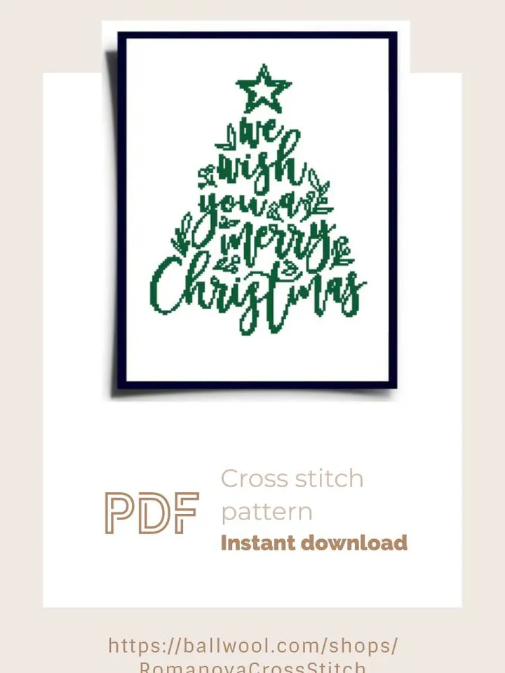 Merry Christmas cross stitch PDF pattern, Pine tree embroidery, Instant download