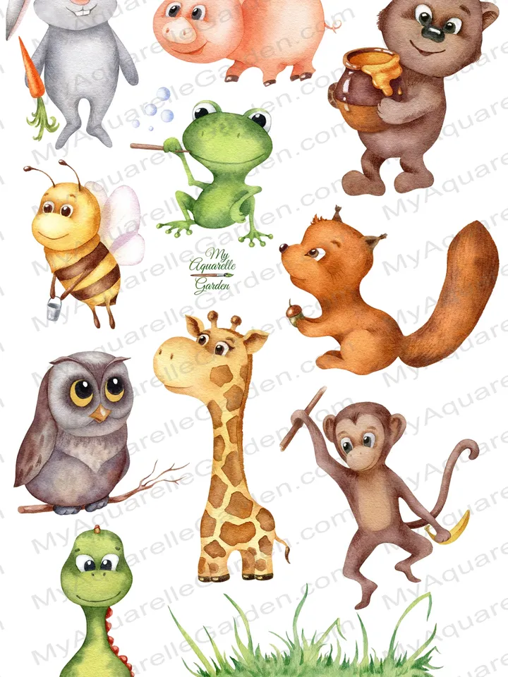Cute animals, Cartoon characters, Watercolor, PRINTABLE Wall Art, Animals poster, Kids room decor, Nursery decoration, PNG digital download