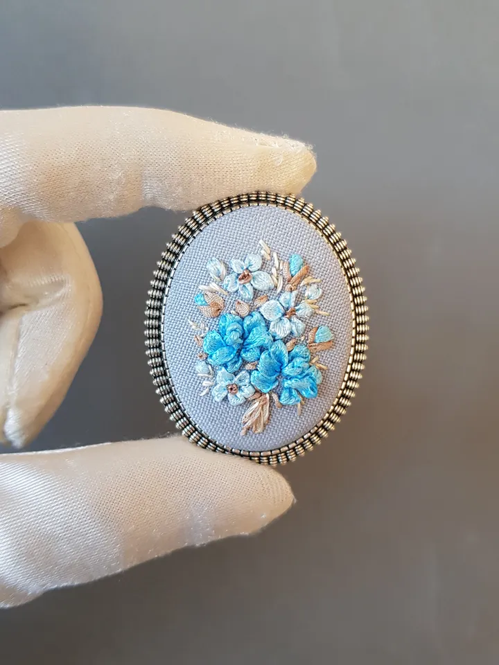Ribbon embroidered brooch for her, hand embroidery blue jewelry