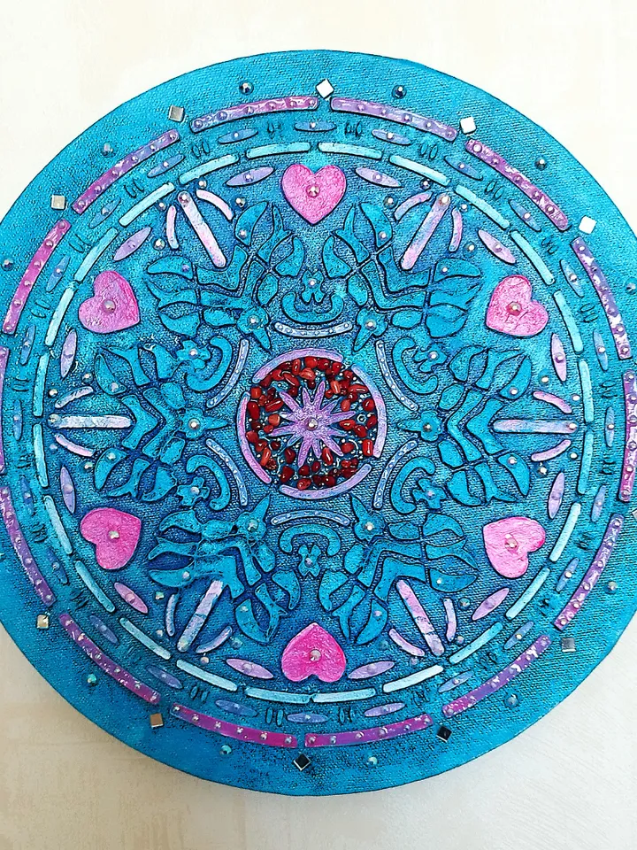 Mandala textured painting. Mandla love wall decor glitter art