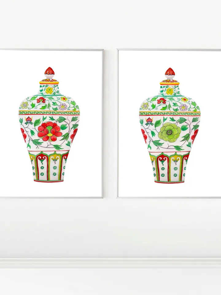 Green Set Of 2 Ginger Jars,Asian Vase Print, Chinoiserie Vase Wall Art Print ,Chinoiserie Set, Home Decor, Gift Idea For Living Room