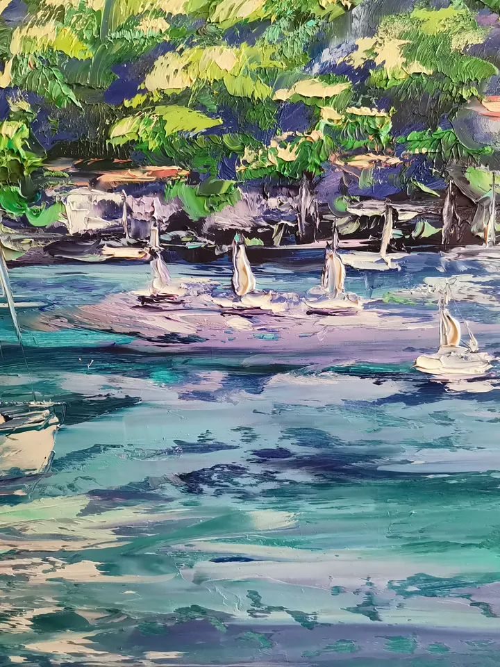 Yachts Sailboats Sea Mountains Original Art Oil Painting Resort Rocks Artist Svinar Oksana