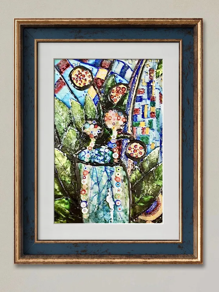 Poster from my original painting on glass,colourful flowers in a vase,unique design home decoration wall art.