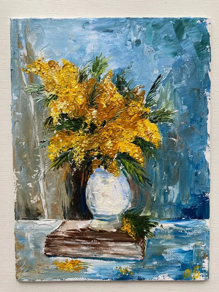 Mimosa. Picturesque still life, oil painting, canvas on cardboard - a unique gift.