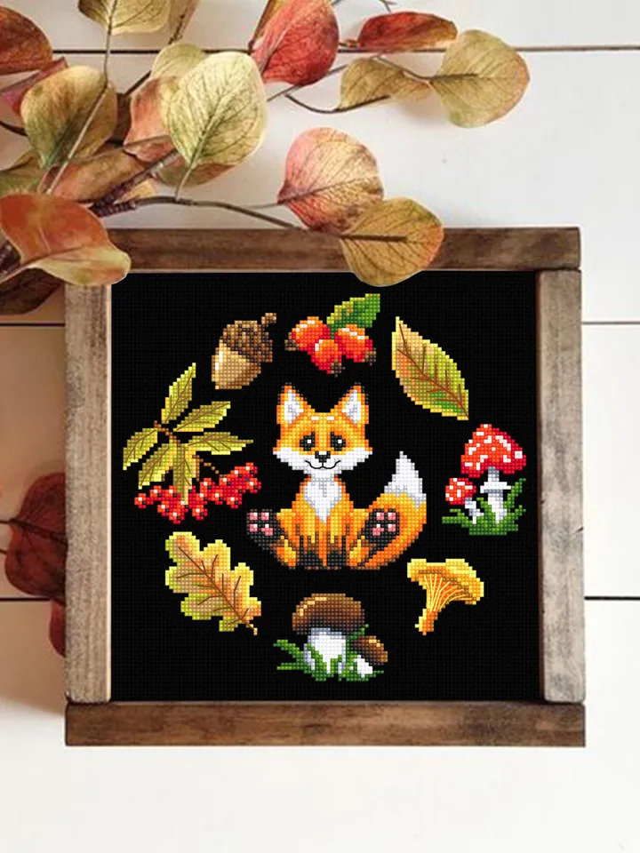 Cross stitch pattern cute little fox DMC chart printable PDF instant download Mushroom cross stitch Autumn embroidery beginners #K8
