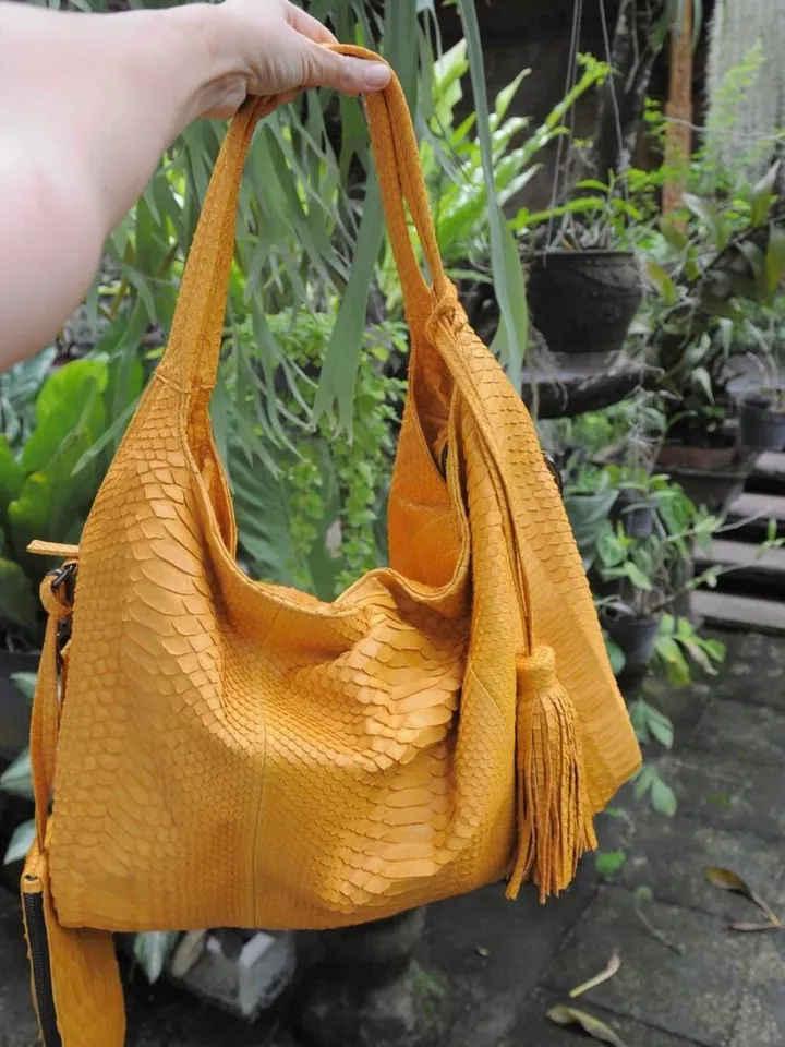 Big Soft Hobo Classy Sport Woman Bag | Purse Genuine Python Skin | Python Skin Products | Yellow Big Elegant Leather Designer Soft Bag Snake