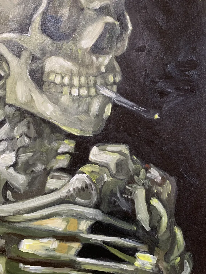 Skull with Burning Cigarette (Replica) – Oil Painting on Canvas 12×16 in by MyFoxyArt